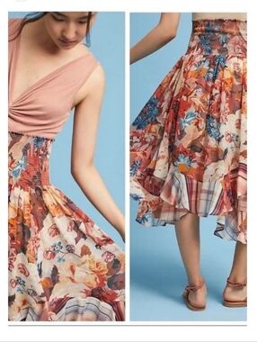 Anthropologie Akemi + Kin Theola Floral Plaid Midi Skirt Chiffon Ruffled Sz XS